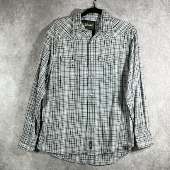 Cabela's Shirt Mens Medium Gray Plaid Western Pearl Snap Long Sleeve Cowboy Work - Picture 1 of 9